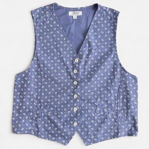 Vintage Cherokee Light Dusty Blue & White Floral Print Cotton Button Front Vest